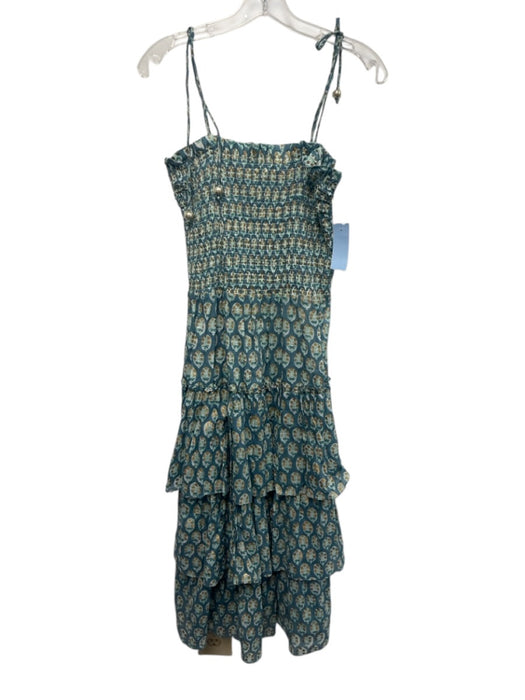 Oliphant Size M Aqua & Multi Cotton Smocked Sleeveless Tie Straps Midi Dress Aqua & Multi / M