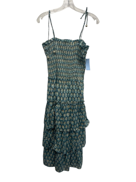 Oliphant Size M Aqua & Multi Cotton Smocked Sleeveless Tie Straps Midi Dress Aqua & Multi / M