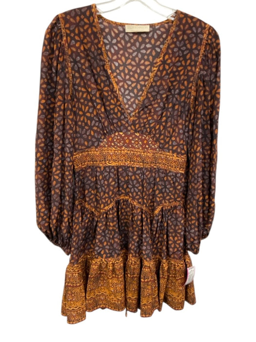 Ulla Johnson Size 0 Red & Brown Silk V Neck Tiered Floral Print Mini Dress Red & Brown / 0