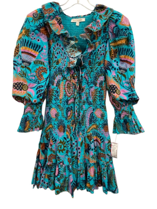 Love The Label Size S Blue & Multi Cotton Smocked Tie Detail Mini Dress Blue & Multi / S