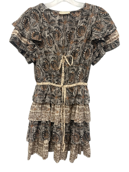 Ulla Johnson Size 4 Brown & Beige Cotton & Viscose Ruffle Cap Sleeve Mini Dress Brown & Beige / 4
