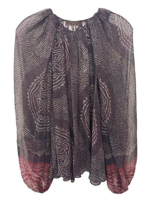 Ulla Johnson Size 00 Burgundy & multi Silk Sheer Tie Detail V Neck Top Burgundy & multi / 00