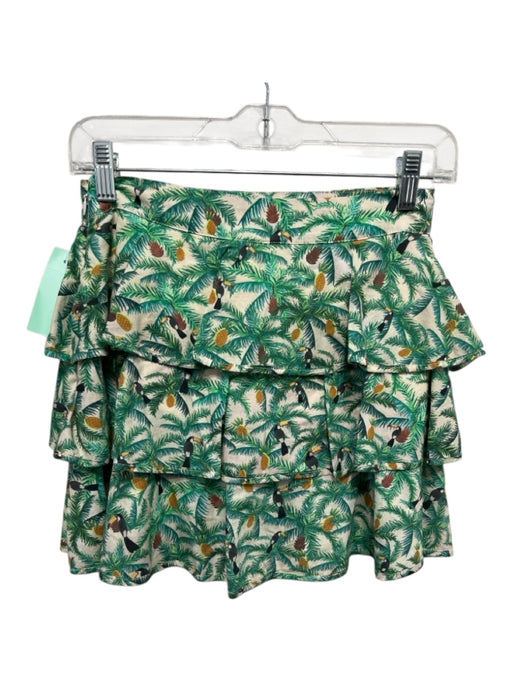 Farm Rio Size XS Green, Beige & Multicolor Cotton Jungle Tiered Mini Skirt Green, Beige & Multicolor / XS