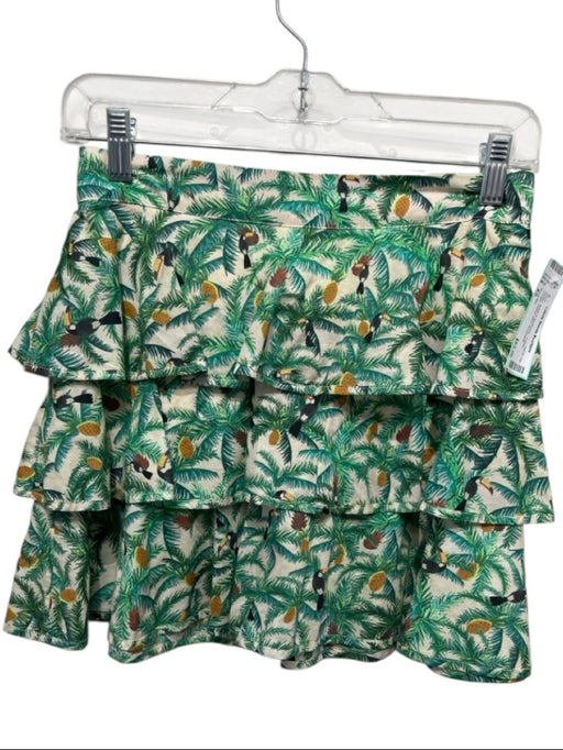 Farm Rio Size XS Green, Beige & Multicolor Cotton Jungle Tiered Mini Skirt Green, Beige & Multicolor / XS