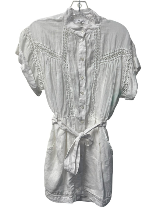 Frame Size XXS White Ramie Standing Collar Button Down Short Sleeve Dress White / XXS