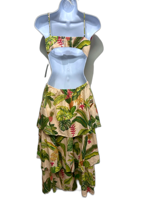 Farm Rio Size XXS Green, Orange, Pink Linen Blend Leaves Palm Trees Tiered Dress Green, Orange, Pink / XXS
