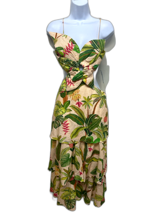 Farm Rio Size XXS Green, Orange, Pink Linen Blend Leaves Palm Trees Tiered Dress Green, Orange, Pink / XXS