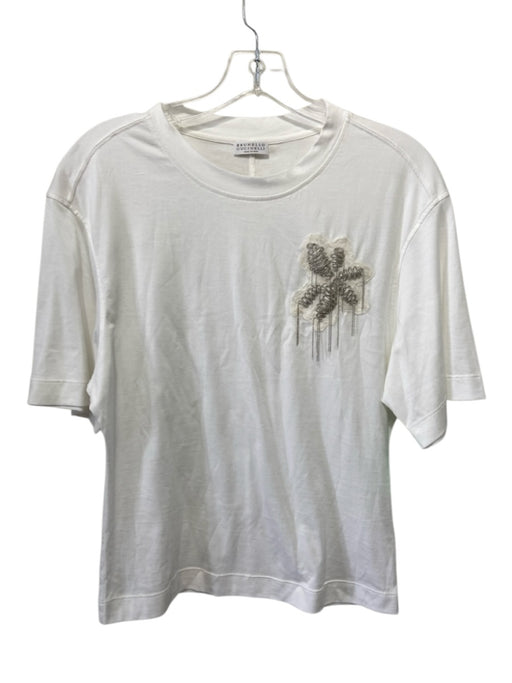 Brunello Cucinelli Size XXS White & Silver Cotton Blend Embellished Beaded Top White & Silver / XXS