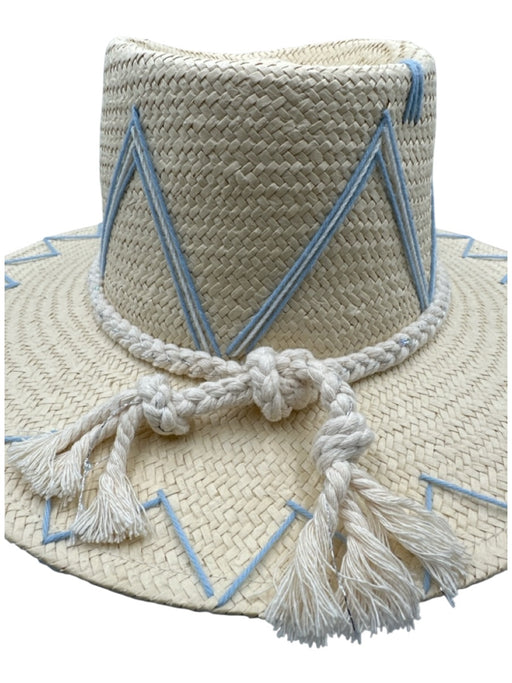 Tipsy Threads Beige & Blue Straw Embroidered Rope Woven Sun Hat Hat Beige & Blue