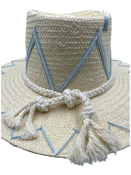 Tipsy Threads Beige & Blue Straw Embroidered Rope Woven Sun Hat Hat Beige & Blue