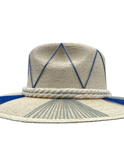 Tipsy Threads Beige, Blue & White Straw Embroidered Rope Woven Sun Hat Hat Beige, Blue & White