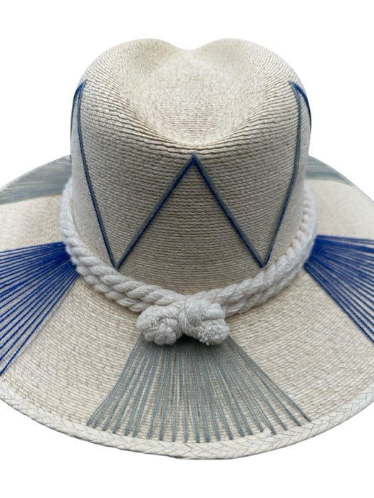Tipsy Threads Beige, Blue & White Straw Embroidered Rope Woven Sun Hat Hat Beige, Blue & White