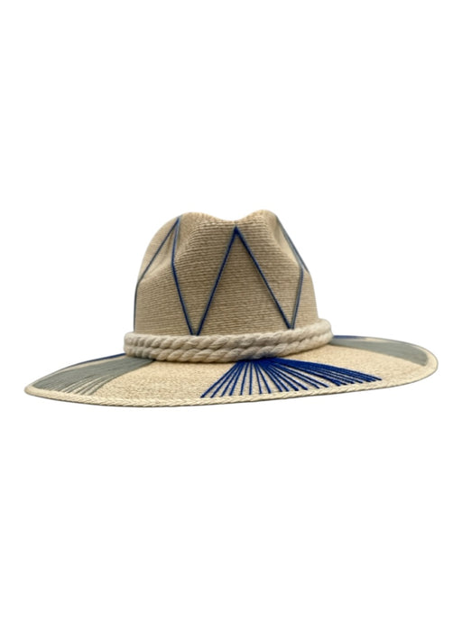 Tipsy Threads Beige, Blue & White Straw Embroidered Rope Woven Sun Hat Hat Beige, Blue & White
