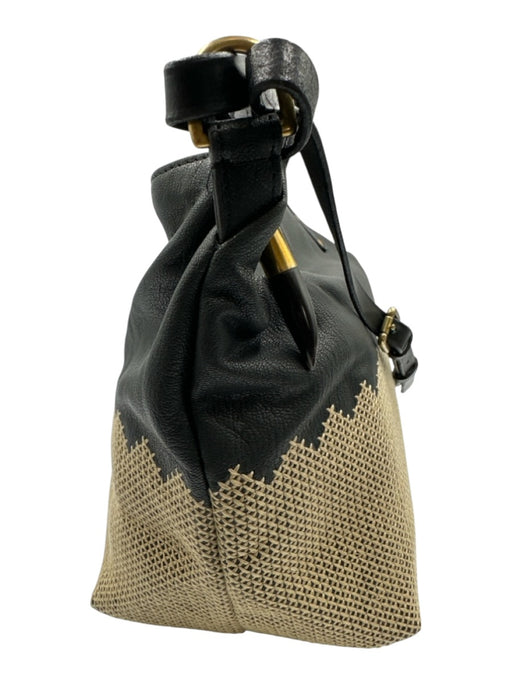 Kempton & Co Black & Beige Leather Cross Stitch Embroidery Zip Top Tote Bag Black & Beige