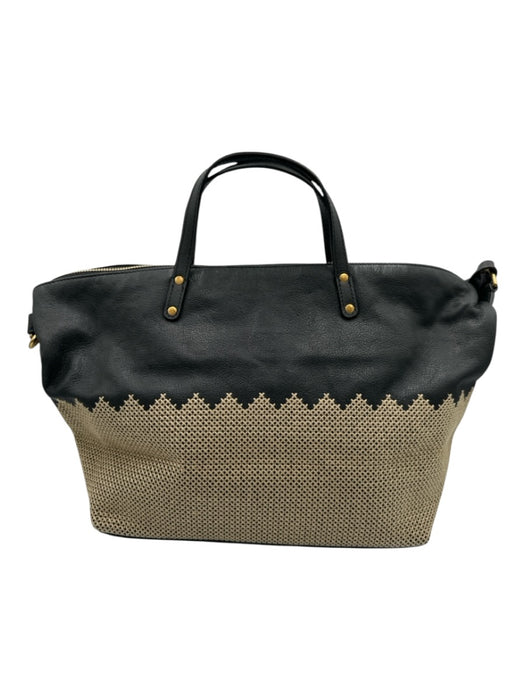 Kempton & Co Black & Beige Leather Cross Stitch Embroidery Zip Top Tote Bag Black & Beige