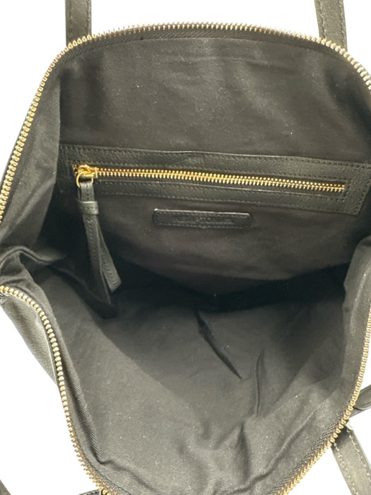 Kempton & Co Black & Beige Leather Cross Stitch Embroidery Zip Top Tote Bag Black & Beige