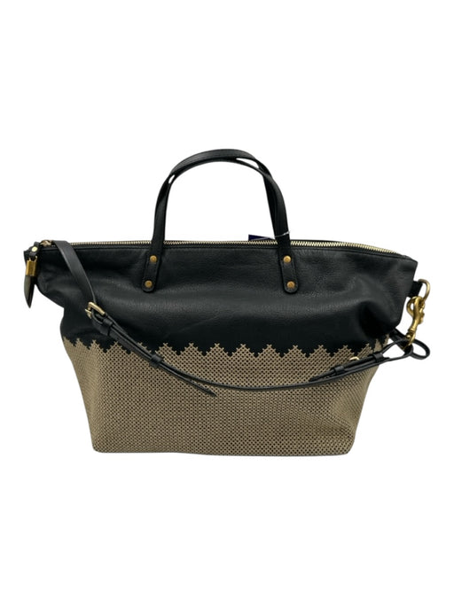 Kempton & Co Black & Beige Leather Cross Stitch Embroidery Zip Top Tote Bag Black & Beige