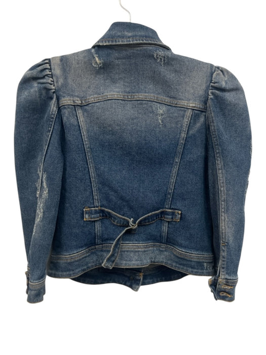 Retrofete Size XS Medium Wash Cotton Blend Denim Distressed Puff Shoulder Jacket Medium Wash / XS