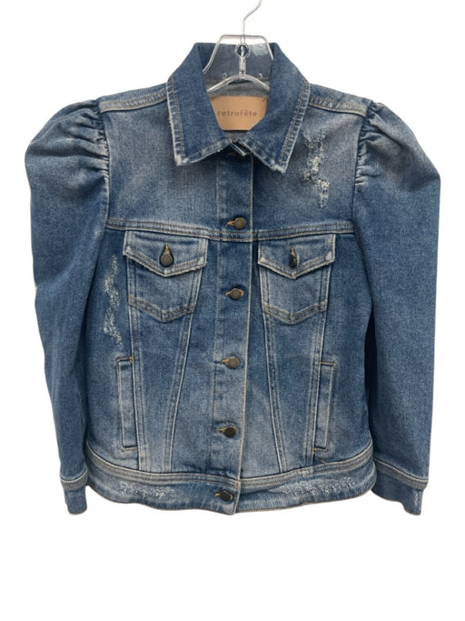Retrofete Size XS Medium Wash Cotton Blend Denim Distressed Puff Shoulder Jacket Medium Wash / XS