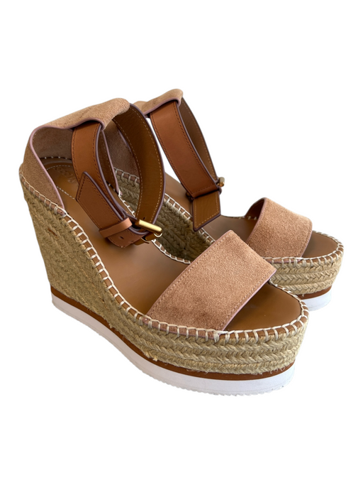 See By Chloe Shoe Size 35 Tan Suede Wedge Espadrille Buckle Ankle Platform Shoes Tan / 35