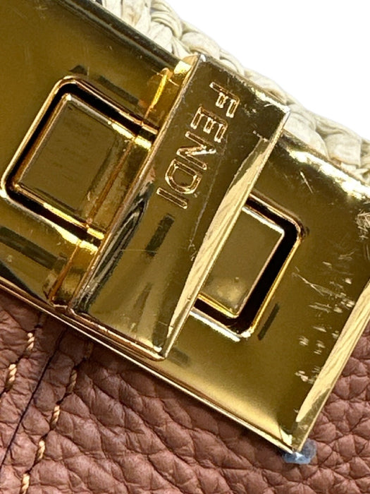 Fendi Brown & Cream Leather & Raffia Gold hardware Blanket Stitch Top Handle Bag Brown & Cream / Medium