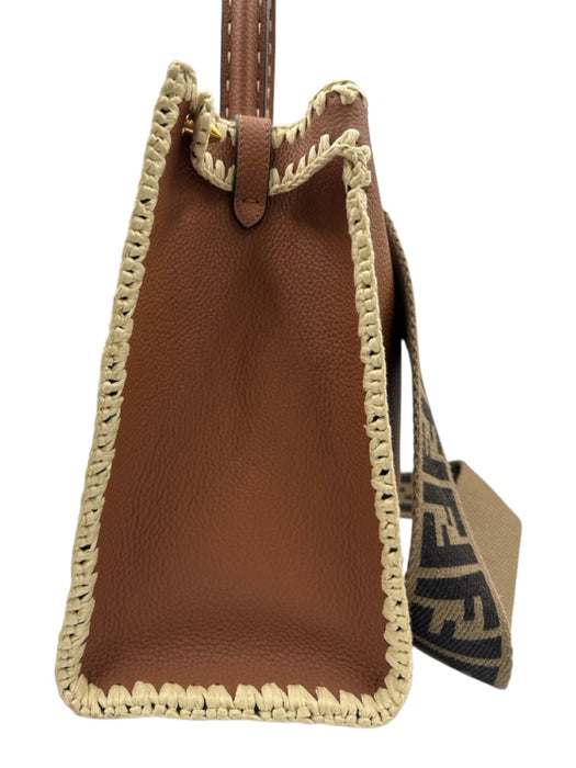 Fendi Brown & Cream Leather & Raffia Gold hardware Blanket Stitch Top Handle Bag Brown & Cream / Medium