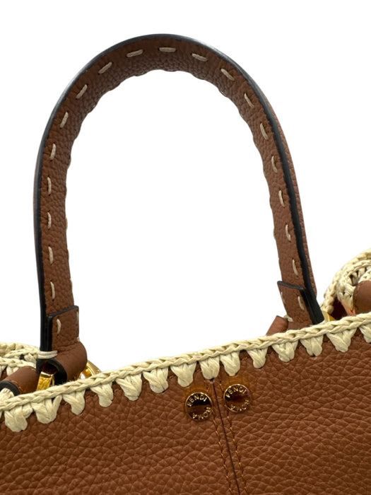 Fendi Brown & Cream Leather & Raffia Gold hardware Blanket Stitch Top Handle Bag Brown & Cream / Medium