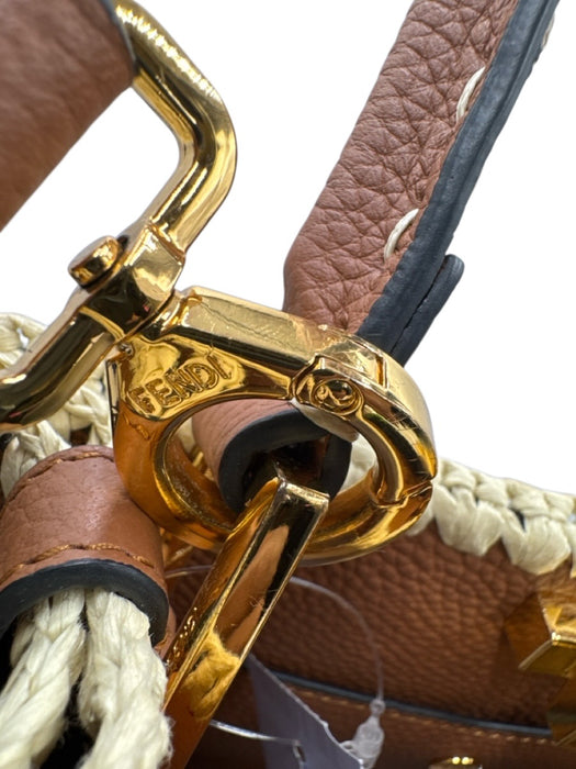 Fendi Brown & Cream Leather & Raffia Gold hardware Blanket Stitch Top Handle Bag Brown & Cream / Medium