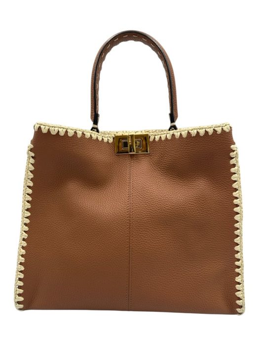 Fendi Brown & Cream Leather & Raffia Gold hardware Blanket Stitch Top Handle Bag Brown & Cream / Medium