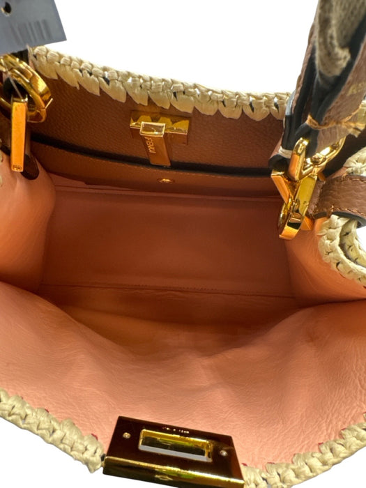 Fendi Brown & Cream Leather & Raffia Gold hardware Blanket Stitch Top Handle Bag Brown & Cream / Medium