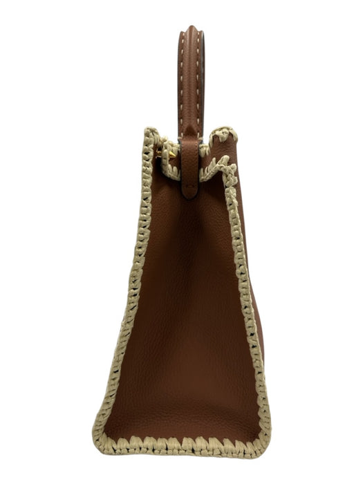 Fendi Brown & Cream Leather & Raffia Gold hardware Blanket Stitch Top Handle Bag Brown & Cream / Medium