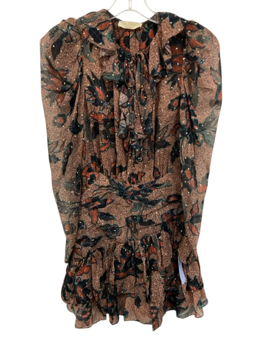 Ulla Johnson Size 00 Pink, Green, Black Silk Blend Long puff sleeve Floral Dress Pink, Green, Black / 00