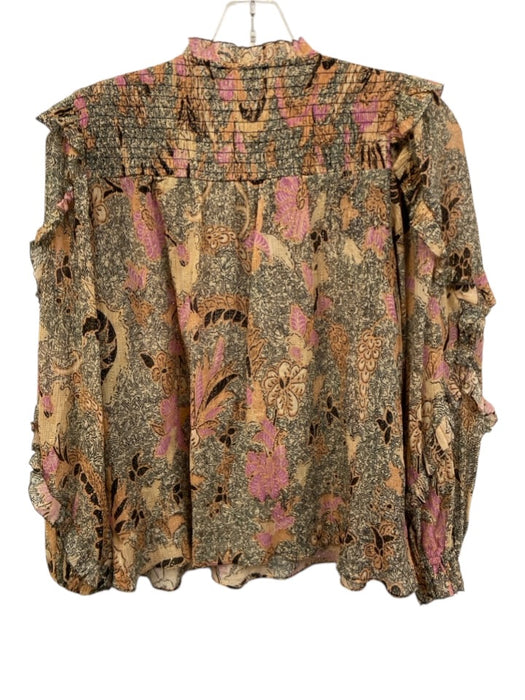 Ulla Johnson Size Est XS Orange, Black, Pink Long puff sleeve Floral V Neck Top Orange, Black, Pink / Est XS