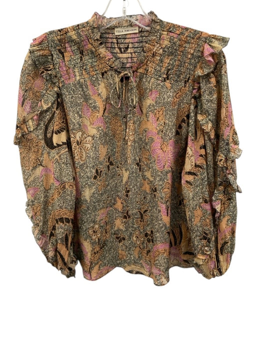 Ulla Johnson Size Est XS Orange, Black, Pink Long puff sleeve Floral V Neck Top Orange, Black, Pink / Est XS