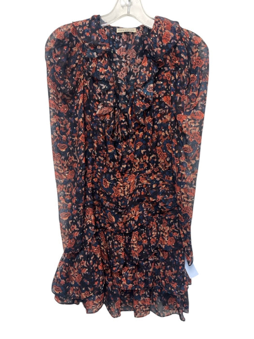Ulla Johnson Size 00 Orange, Blue, Black Silk Blend ruffles Floral Tiered Dress Orange, Blue, Black / 00