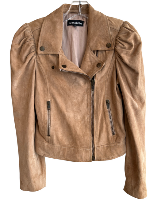 Retrofete Size XS Tan Suede Moto Zip Puff Sleeves Cropped Jacket Tan / XS