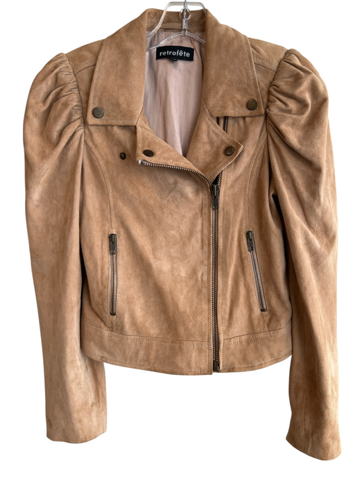Retrofete Size XS Tan Suede Moto Zip Puff Sleeves Cropped Jacket Tan / XS
