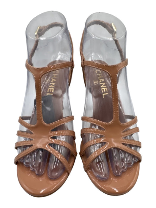 Chanel Shoe Size 35C Blush Beige Leather Upper Patent Caged T Strap Sandals Blush Beige / 35C