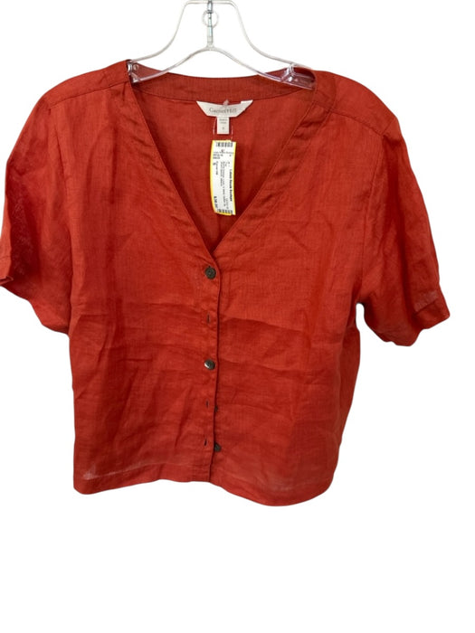 Garnet Hill Size S Burnt Orange Linen V Neck Button Up Short Sleeve Top Burnt Orange / S