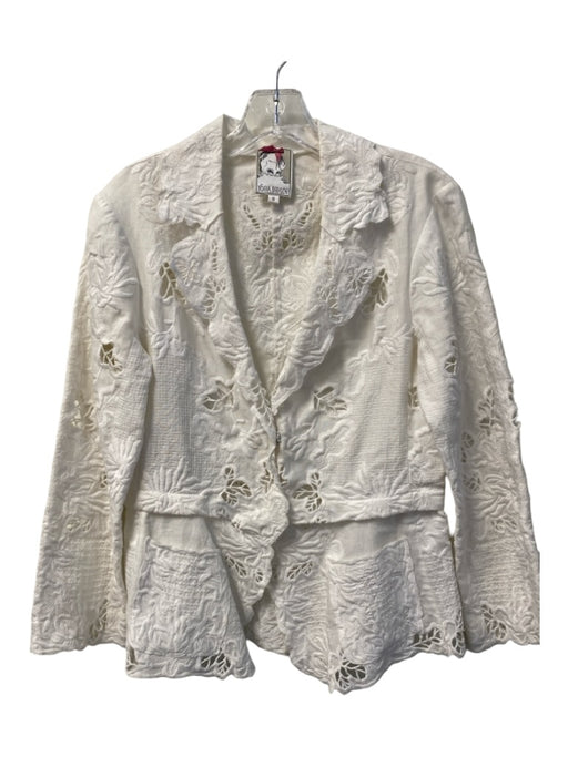 Yoana Baraschi Size 8 White Linen Lace Snap Closure Long Sleeve Collared Jacket White / 8
