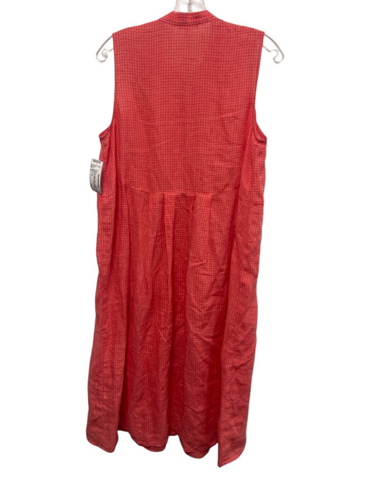 Eileen Fisher Size M Coral Red Organic Cotton Gingham Button Down Midi Dress Coral Red / M