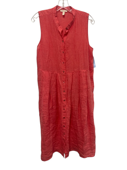 Eileen Fisher Size M Coral Red Organic Cotton Gingham Button Down Midi Dress Coral Red / M
