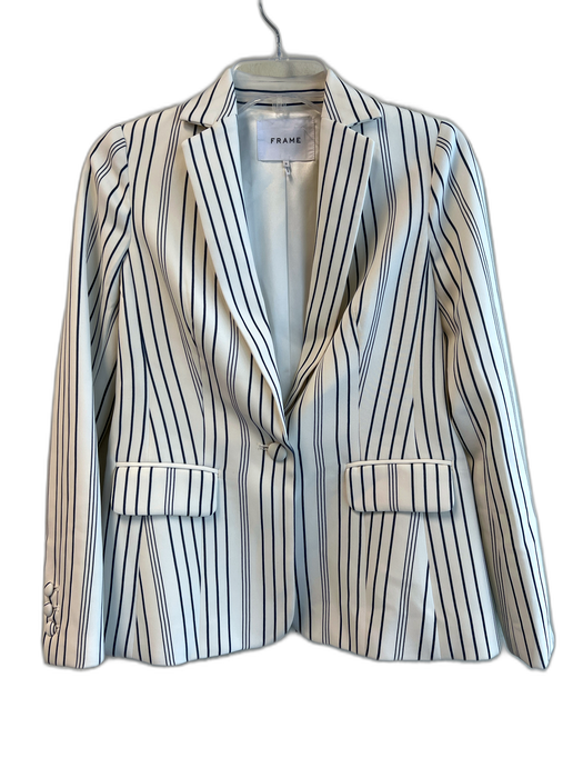 Frame Size 0 Cream & Navy Polyester Blend Lapel Single Button Pin Stripe Jacket Cream & Navy / 0