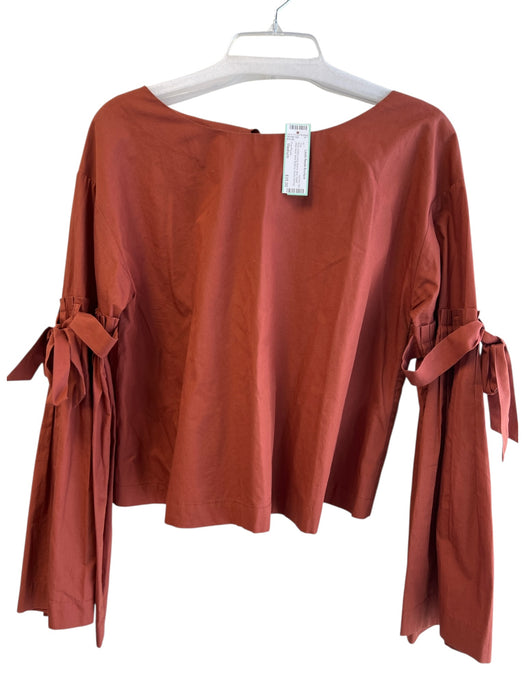 Free People Size Medium Rust Cotton Long Sleeve Bow Detail Wide Neck Top Rust / Medium