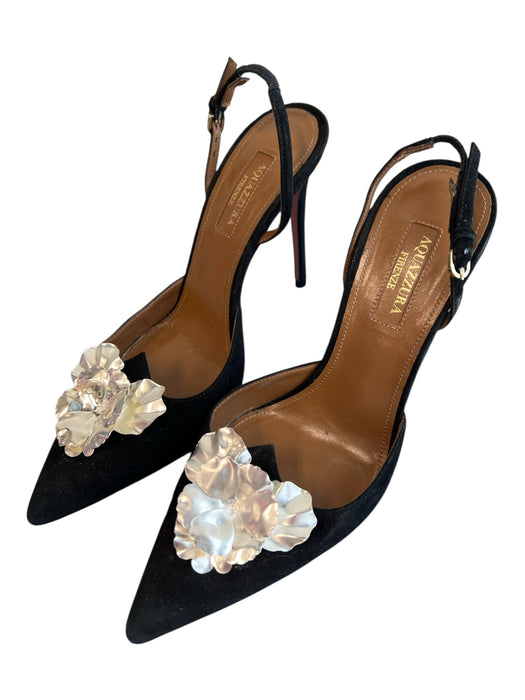 Aquazzura Shoe Size 37 Black & Silver Suede Slingbacks Pointed Toe Shoes Black & Silver / 37