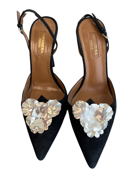 Aquazzura Shoe Size 37 Black & Silver Suede Slingbacks Pointed Toe Shoes Black & Silver / 37