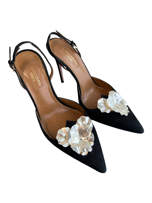 Aquazzura Shoe Size 37 Black & Silver Suede Slingbacks Pointed Toe Shoes Black & Silver / 37