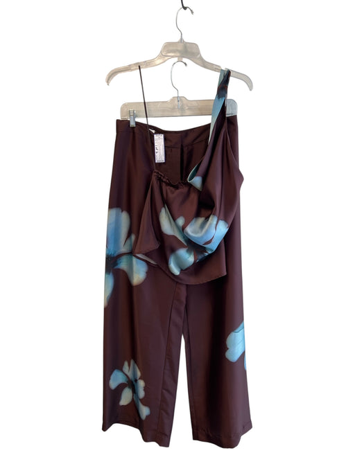 Zara Size M Brown & Blue Polyester One Shoulder Floral Print Wide Leg Pant Set Brown & Blue / M