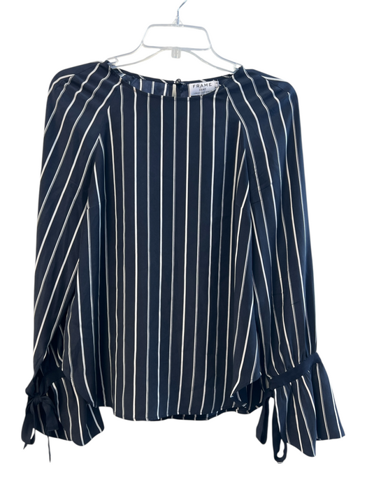 Frame Size XS Black & White Silk Round Neck Stripe Back button Long Sleeve Top Black & White / XS