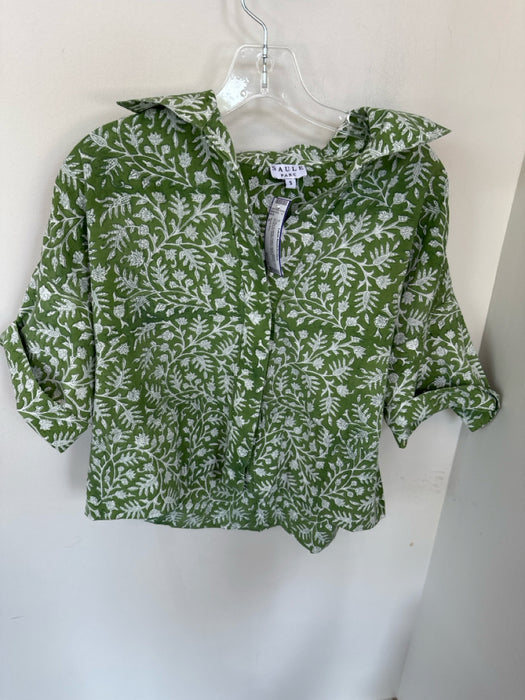 Saule Parc Size S Green & White Cotton Short Sleeve Botanical Button Down Top